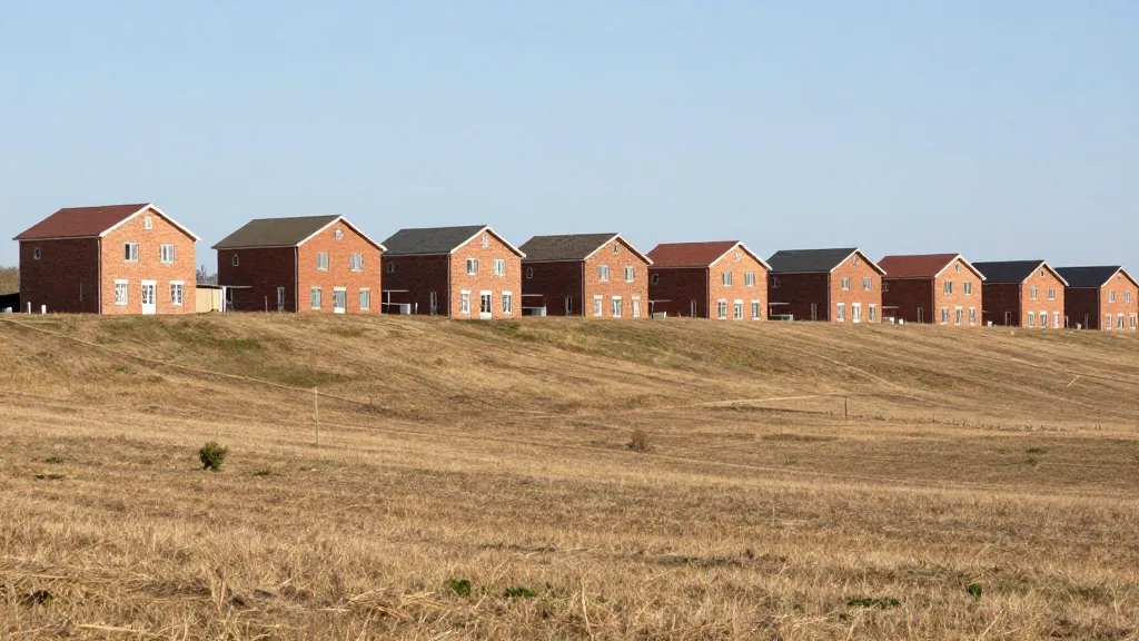 Expansive hillside overlooking a row of renewed, red-brick empty homes at distance