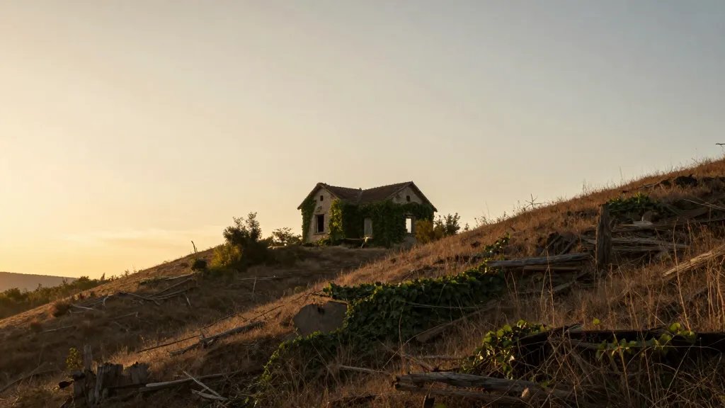 Distant landscape of abandoned house hillside with ivy, sunset light