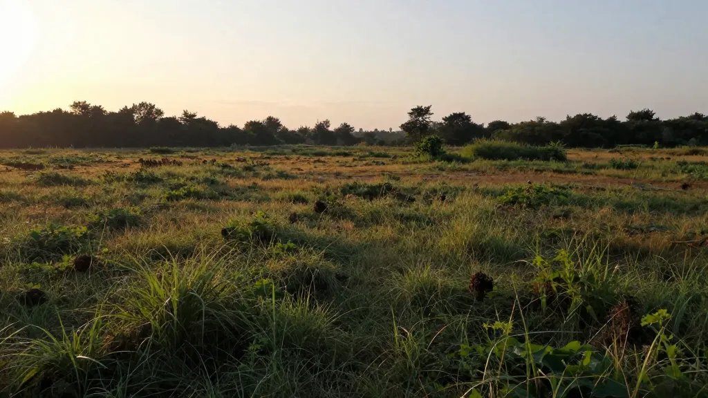 Expansive view of neglected lot with overgrown grass and weeds, dawn glow