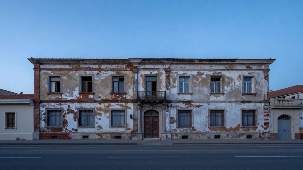 Wide-angle distant view of dilapidated facade along quiet street, blue hour