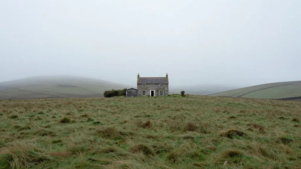Distant view of an abandoned UK house on a misty hillside