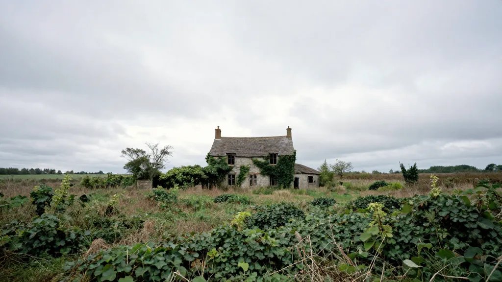 Expansive landscape: derelict cottage surrounded by ivy fields