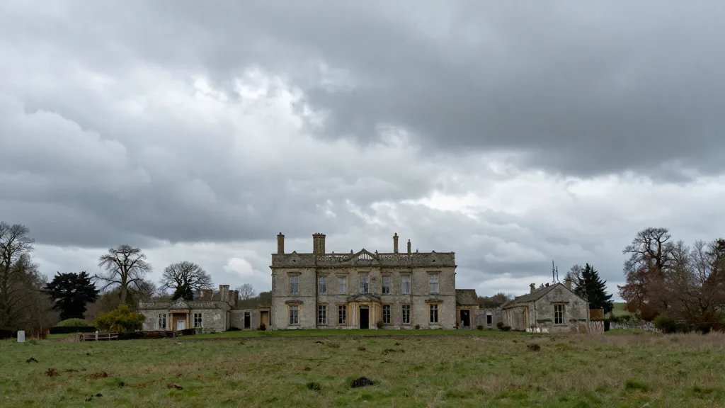 Wide-angle shot of a neglected manor amid rolling countryside clouds