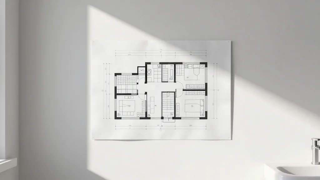 Distant view of a pristine bathroom renovation blueprint on a sunlit wall