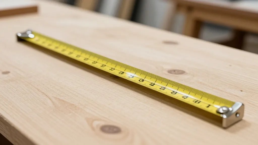 Faraway shot of a carpentry workspace with a single organized measuring tape