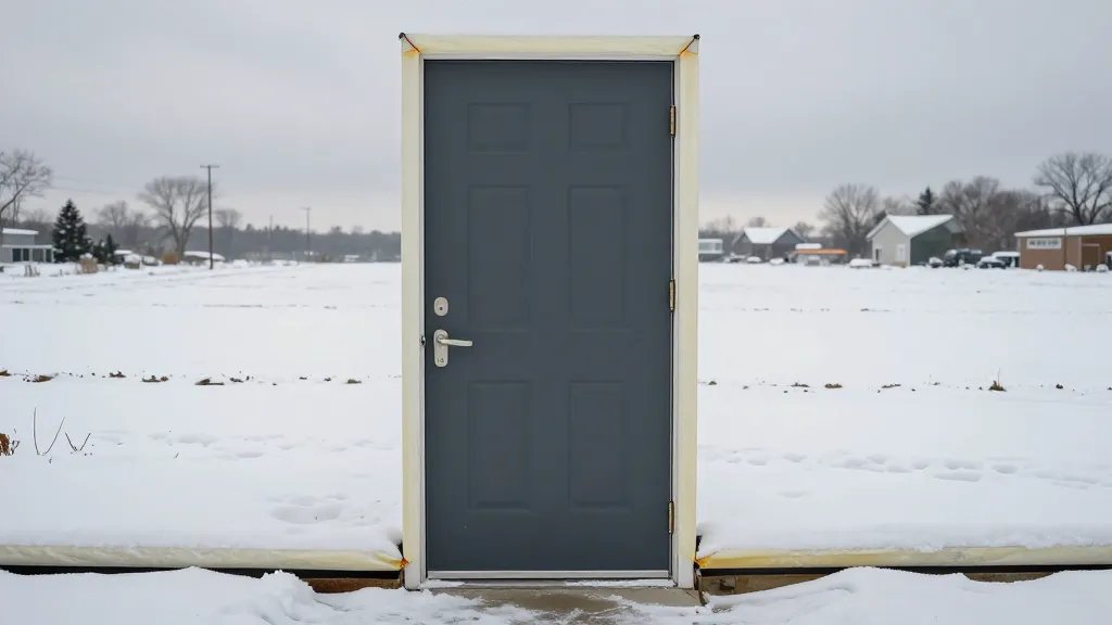 Wide shot of a lone exterior door with fresh weatherstripping, snow field in the background