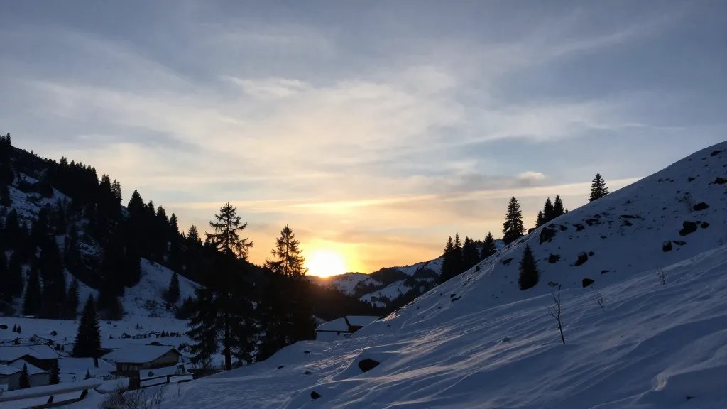 Snow-dusted alpine valley with distant pine silhouettes and warming sunset glow