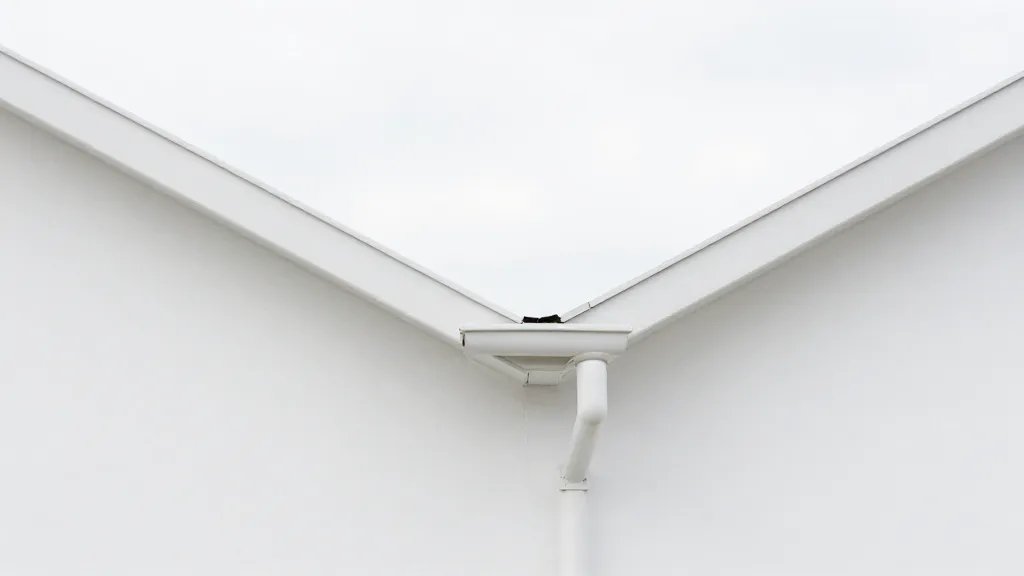 Distant landscape of a pristine white house with clean gutters