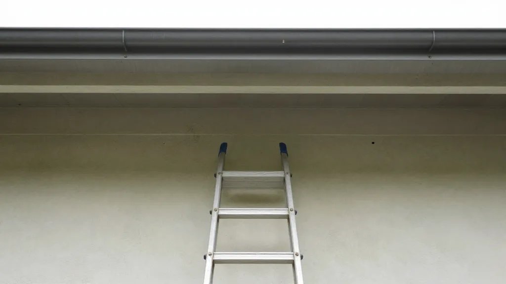 Wide shot of a ladder propped under a well-maintained gutter