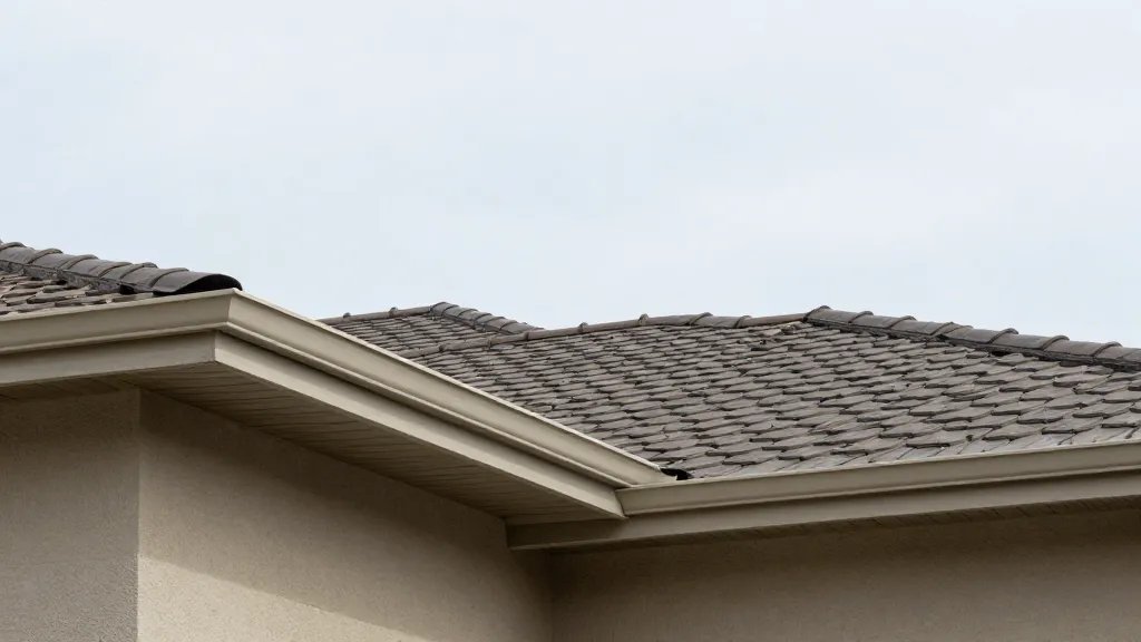Expansive view of a home’s roofline with intact eaves and gutters