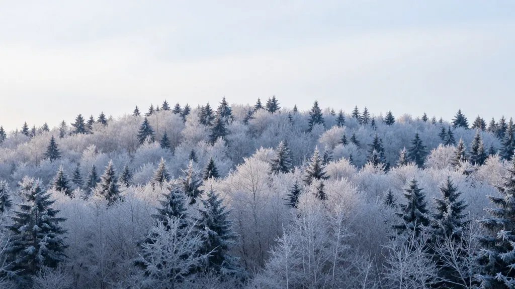 Distant landscape of a frosted forest under pale winter sky