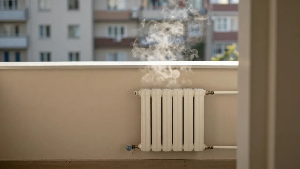 Distant view of a neatly heated city block with a lone, steaming radiator on a balcony wall