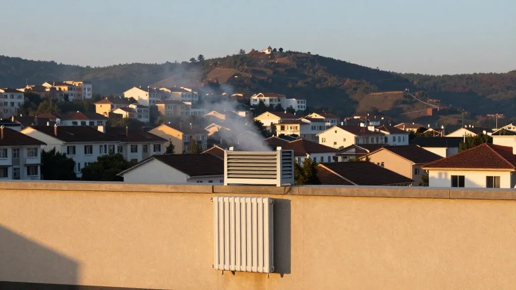 Expansive hillside village at dawn, a solitary radiator venting on an exterior wall