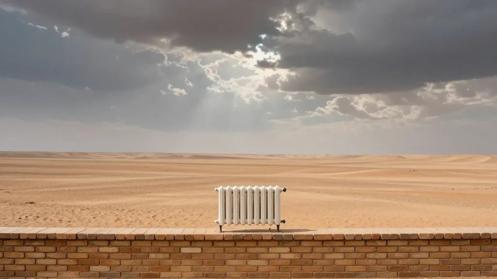 Wide desert plain with a single radiator mounted on a brick wall under a dramatic sky