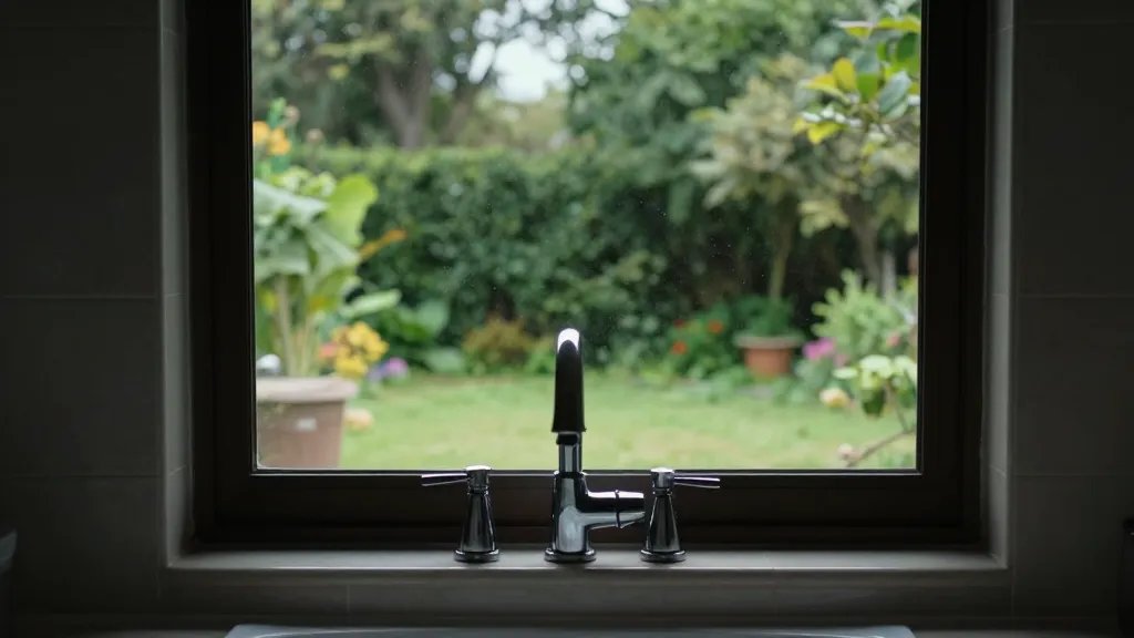 Distant view of a calm bathroom window overlooking a lush backyard, sunlight highlighting a gleaming faucet silhouette