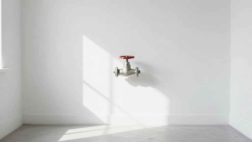 Wide shot of an empty laundry room with a single, pristine shut-off valve on the wall, bright morning light