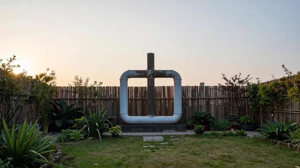 Expansive exterior garden scene with a lone water-stained pipe cross-section artfully framed on a fence, soft sunset glow