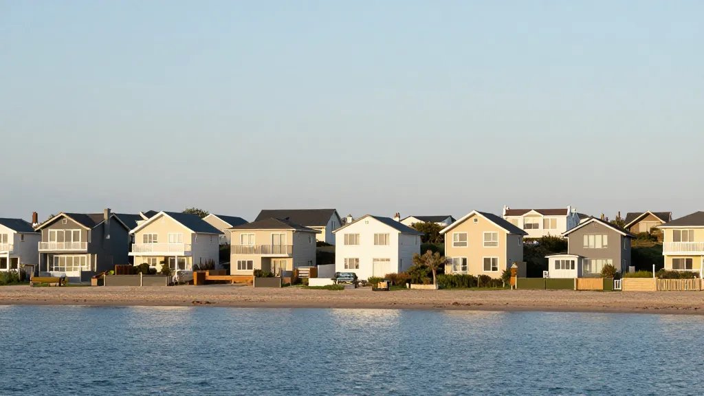 Expansive coast landscape showing clean, airy seaside homes in morning light