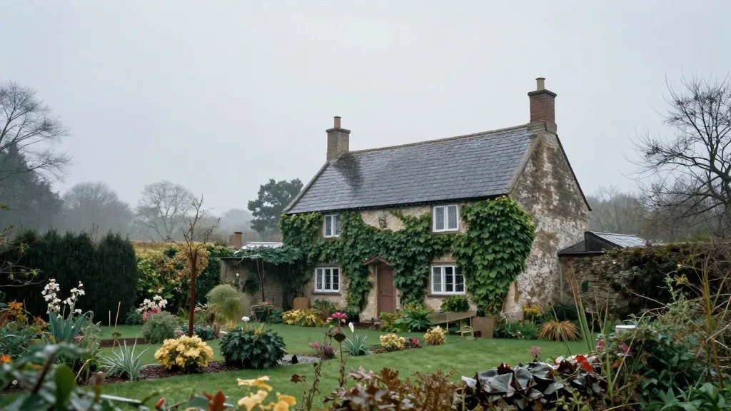 Distant landscape of a lone ivy-clad cottage with damp-streaked wall and rain-soaked garden, moody morning light
