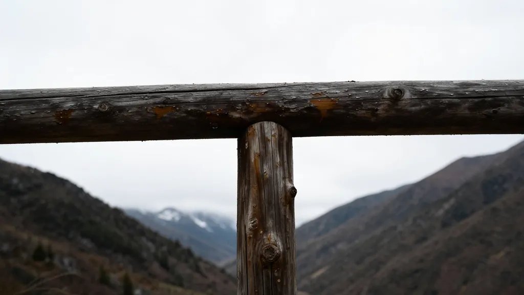 Mountain valley with a single weathered damp-stained wooden beam, high-contrast overcast sky