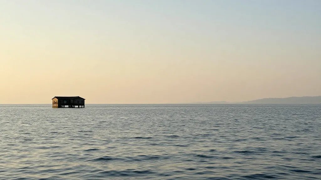 Vast lake shoreline showing a solitary musty, walled structure in distance, soft golden hour glow