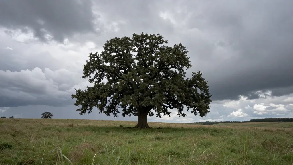 Wide valley with a single, ancient oak under dramatic clouds