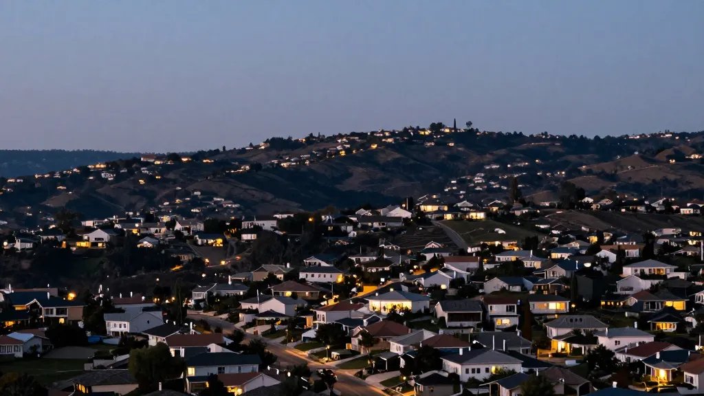 Distant hillside neighborhood at dusk with visible quiet streets