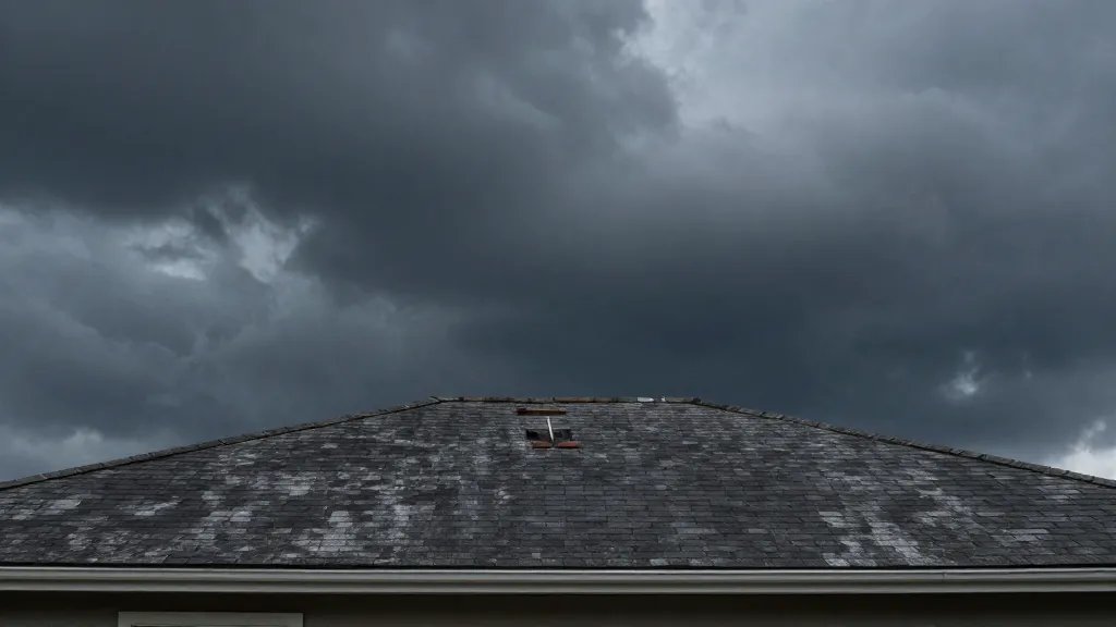 Distant shot of a weathered asphalt roof atop a single house under dramatic storm clouds