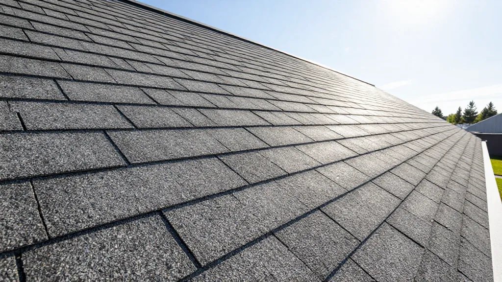 Wide-angle view of curling roof shingles along a long, sunlit eave line