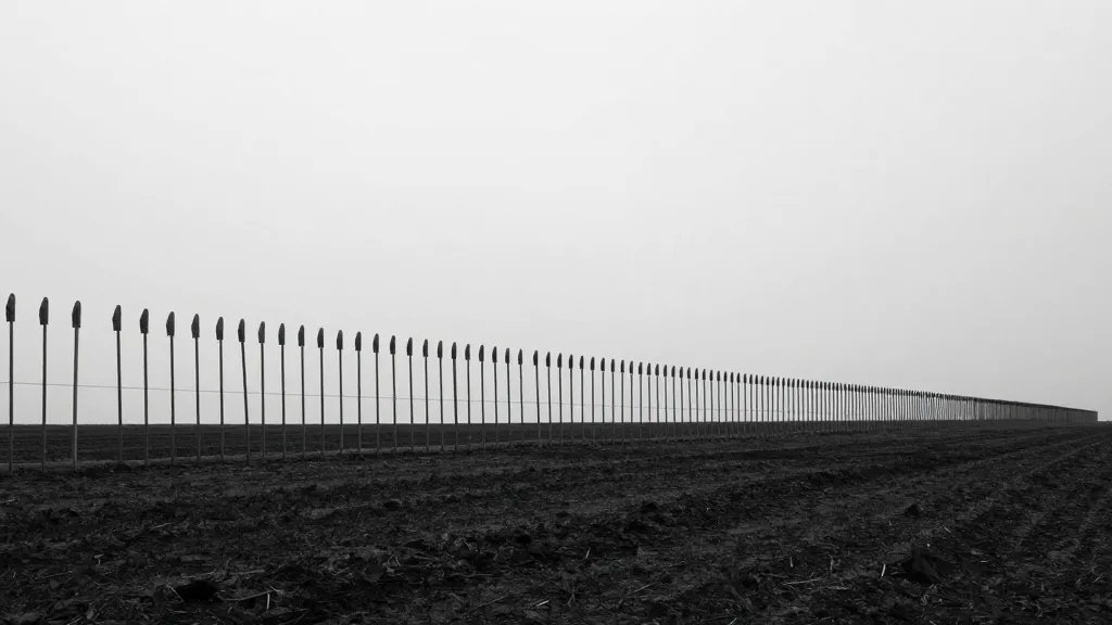 Wide-angle shot of a solitary windbreak fence extending into horizon