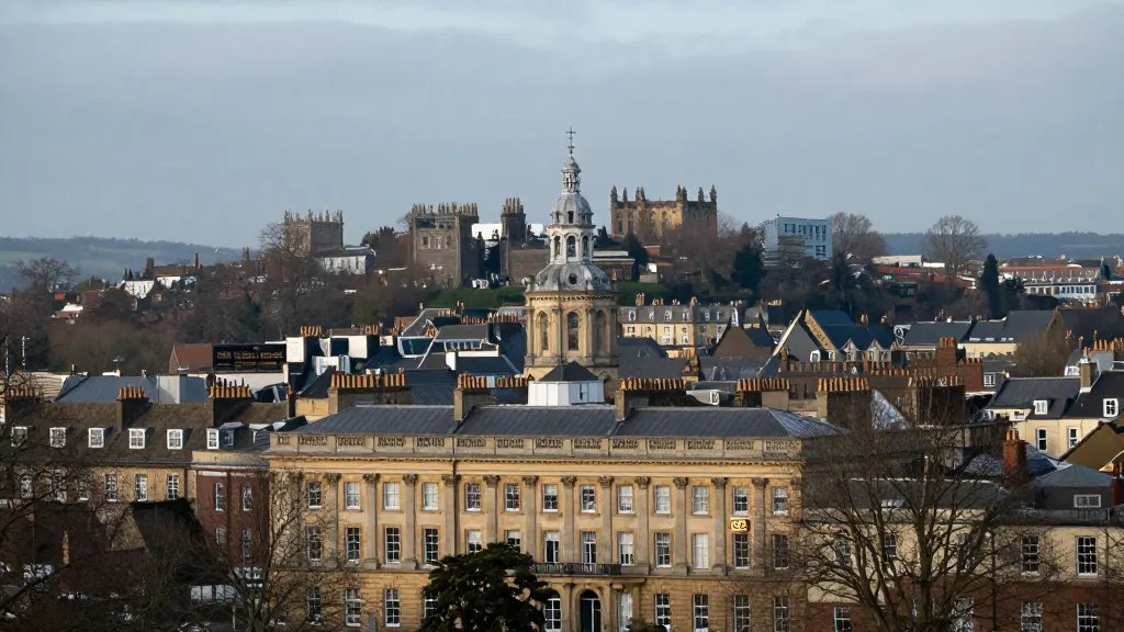 Distant landscape of a stately townhouse with a clearly defined council tax band plaque in the mid-ground