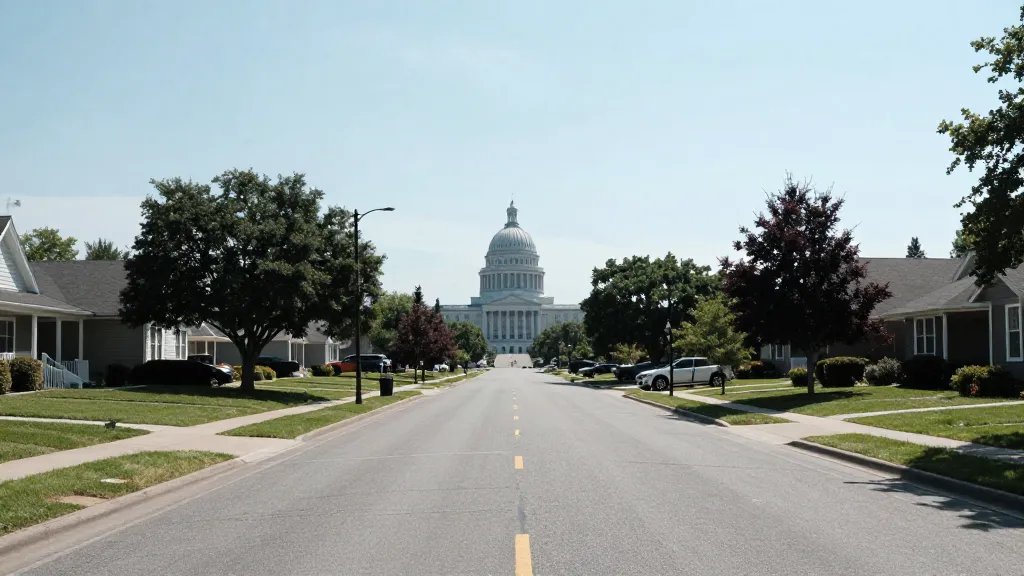 Wide-angle view of a quiet suburban street, skyline showing government building in distance