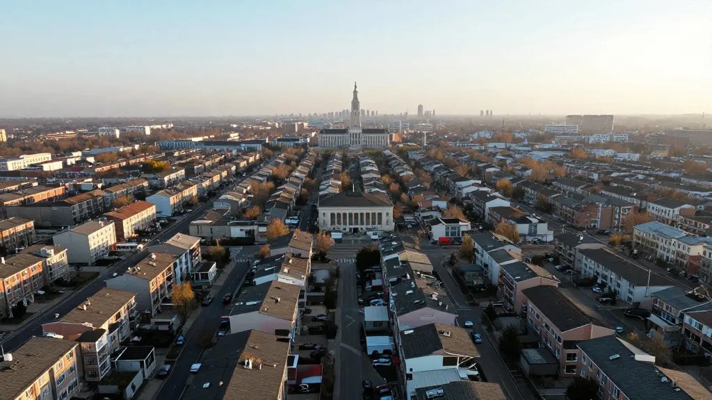 Expansive aerial shot over a residential area with uniform rooftops and a distant city hall silhouette