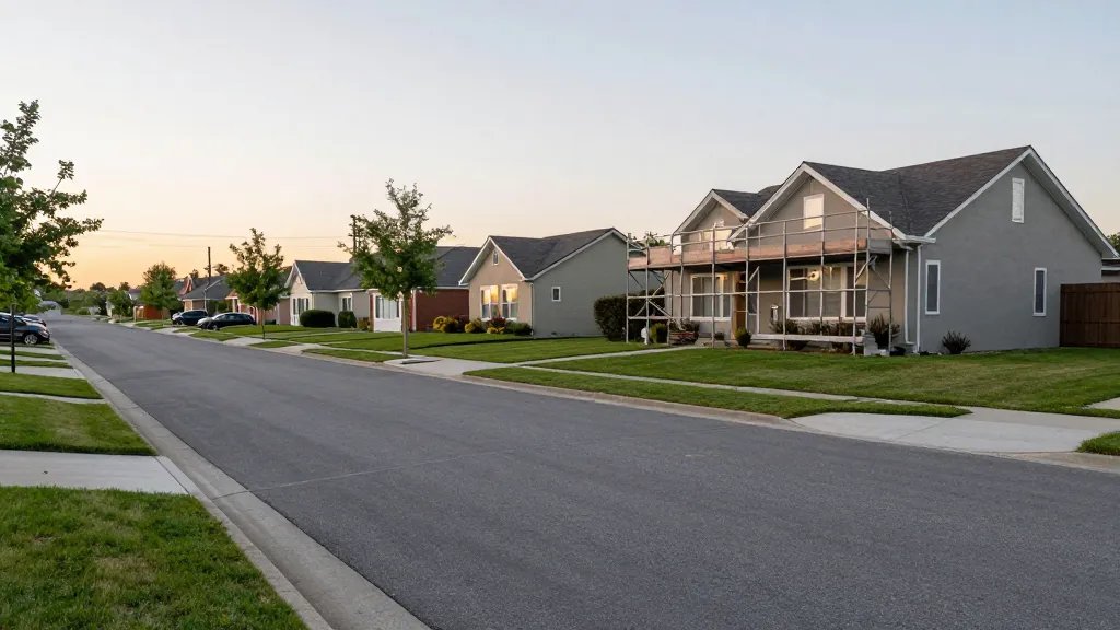Expansive suburban street with a single house and scaffold, soft evening light