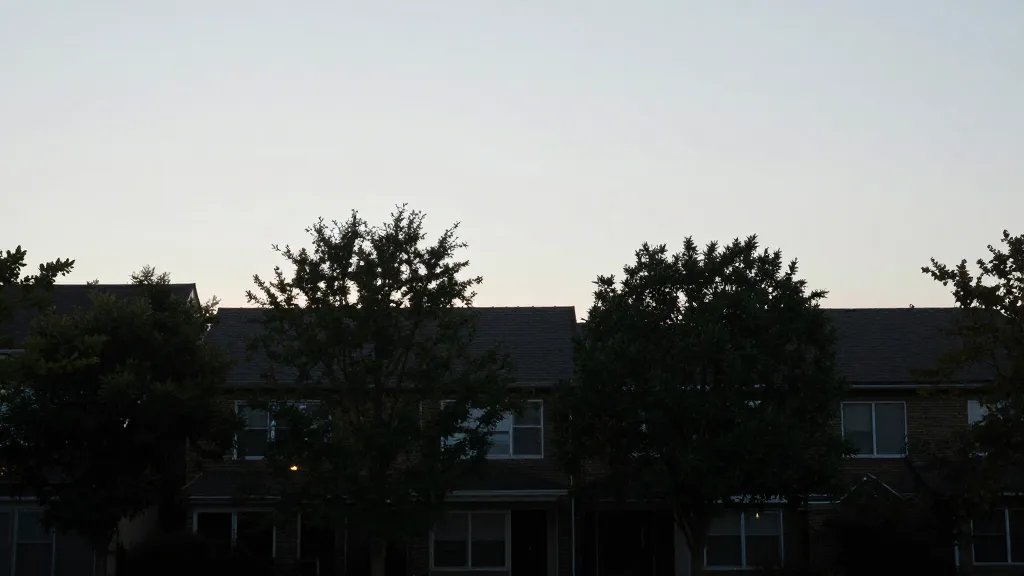 Wide-angle shot of quiet neighborhood boundary trees against a new roof line silhouette