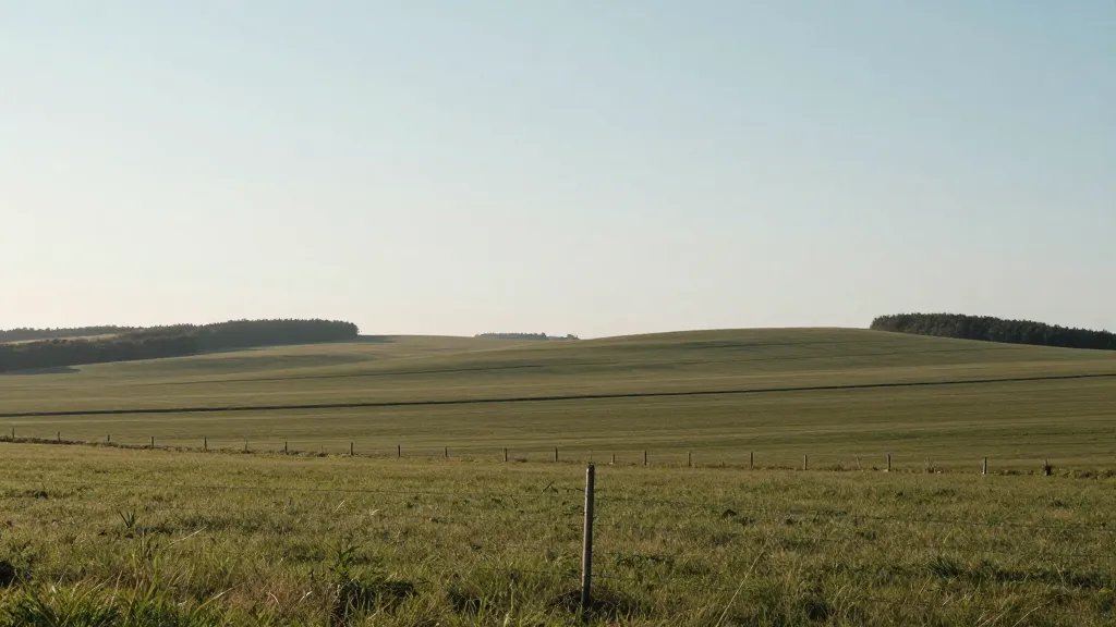 Distant landscape of a wire boundary line along tranquil farmland valley