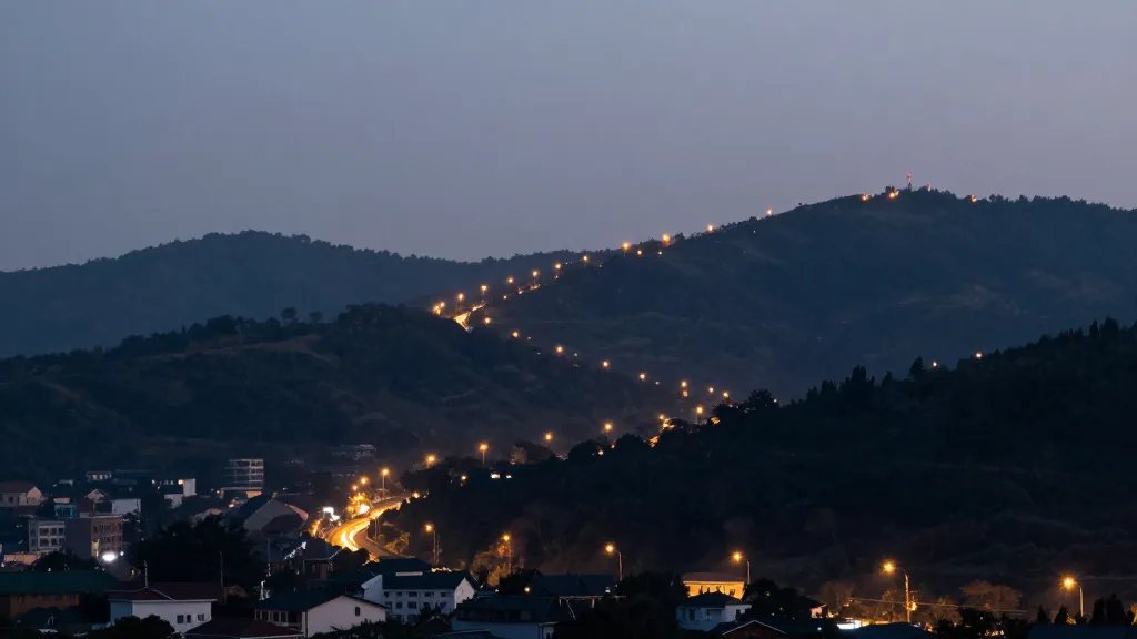 Distant hillside townscape at dawn, quiet street lights glowing