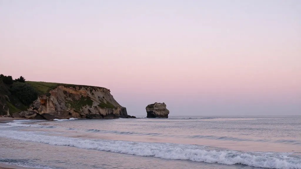 Wide shoreline cliff, soft waves under pastel sunrise