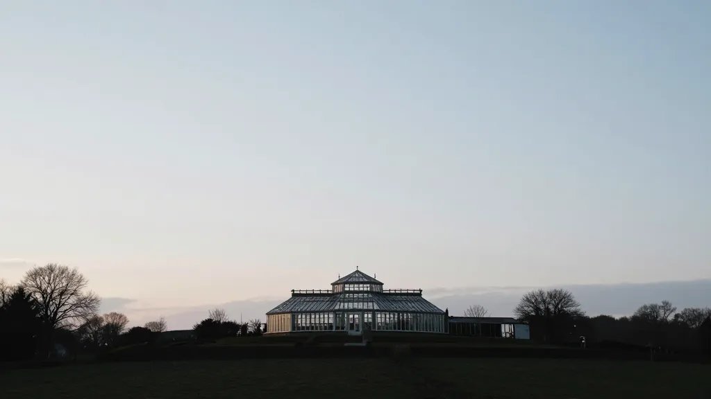 Distant landscape showing a conservatory silhouette against countryside sky