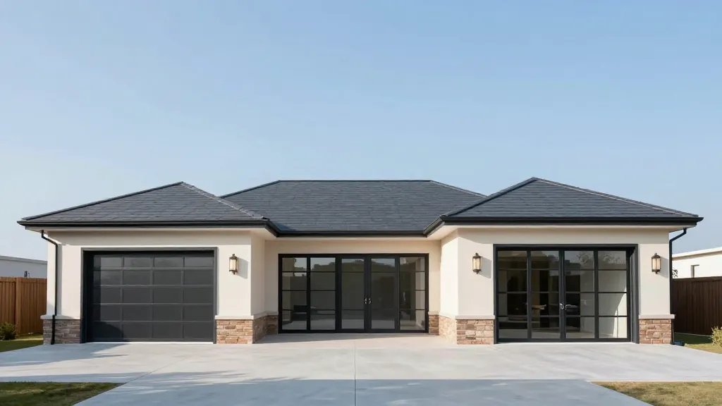 Expansive view of a garage-turned-room extension with clear sky backdrop