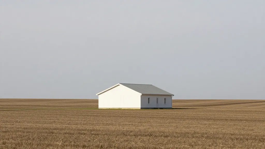 Distant landscape showing a single white-walled extension with sloped roof in suburban field