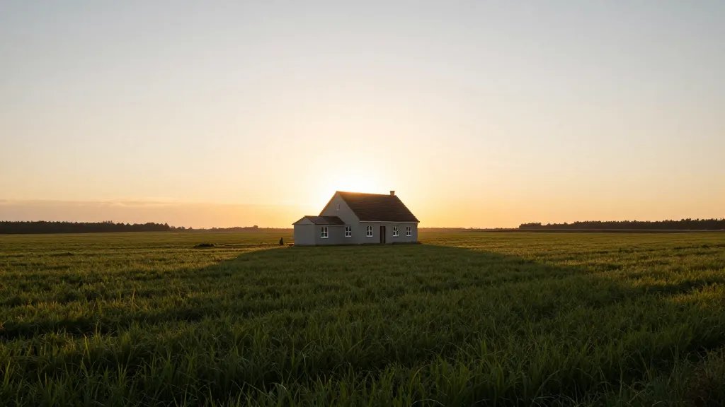 Expansive countryside with a lone house featuring a compact rear extension, sunset light