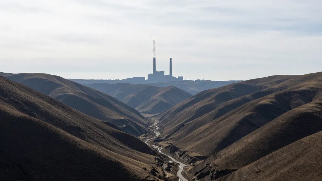 Expansive valley panorama with distant boiler logo subtly integrated as silhouette