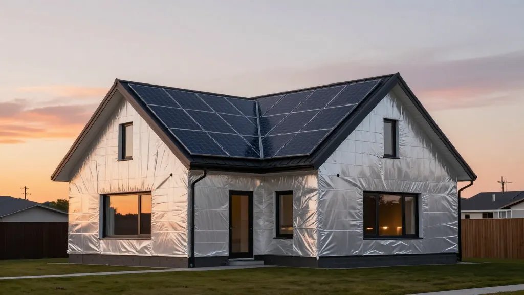 Distant view of a modern energy-efficient home with visible insulation and solar panels, sunset sky