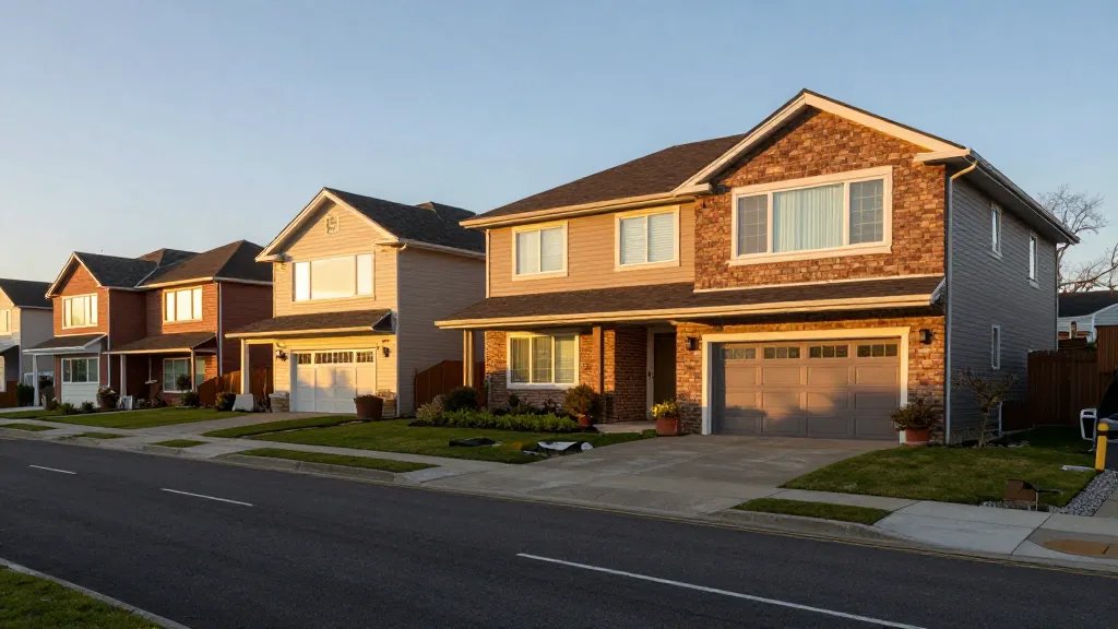 Quiet hillside overlooking an energy-efficient suburban street with double-glazed windows, golden hour light