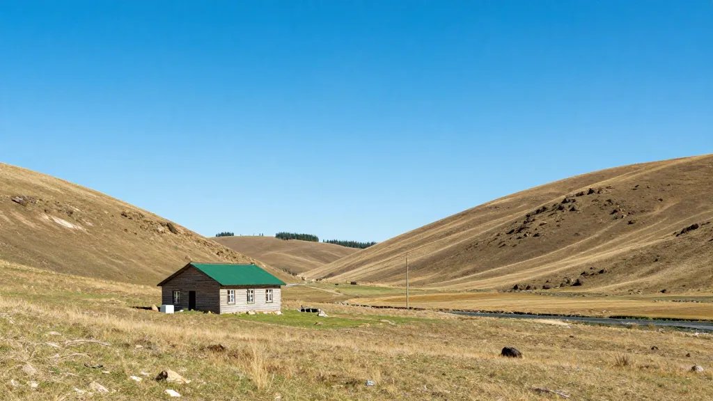 Wide valley with a small, well-insulated cottage and green roof, clear blue sky, distant trees