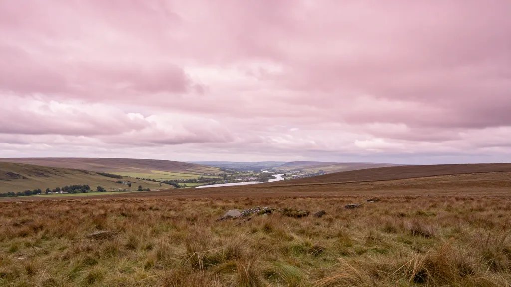 Wide moorland panorama with far-off river valley and soft pink clouds