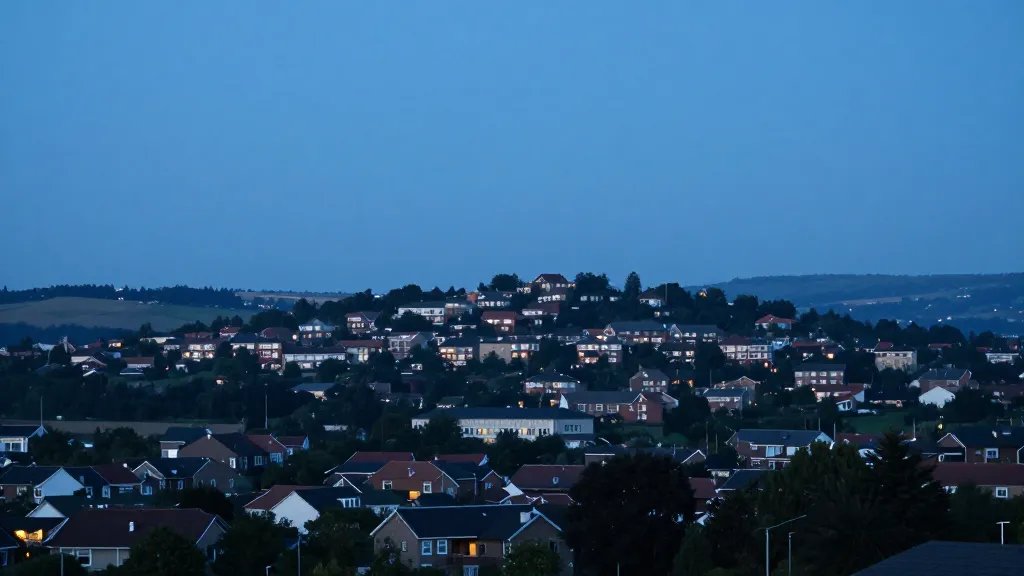 Quiet suburban valley with distant council estates under blue hour