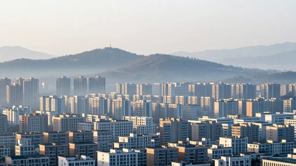 Far-away hillside cityscape with uniform housing blocks, misty morning