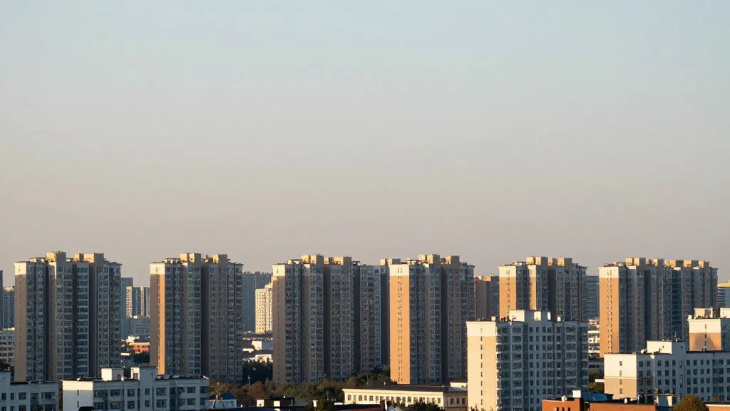 Distant landscape of a sunlit city skyline with affordable housing units in the midground